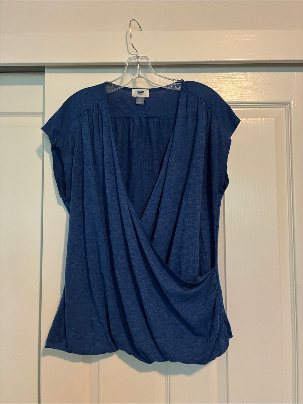 Old Navy Navy Draped Wrap-Front Short Sleeve Top